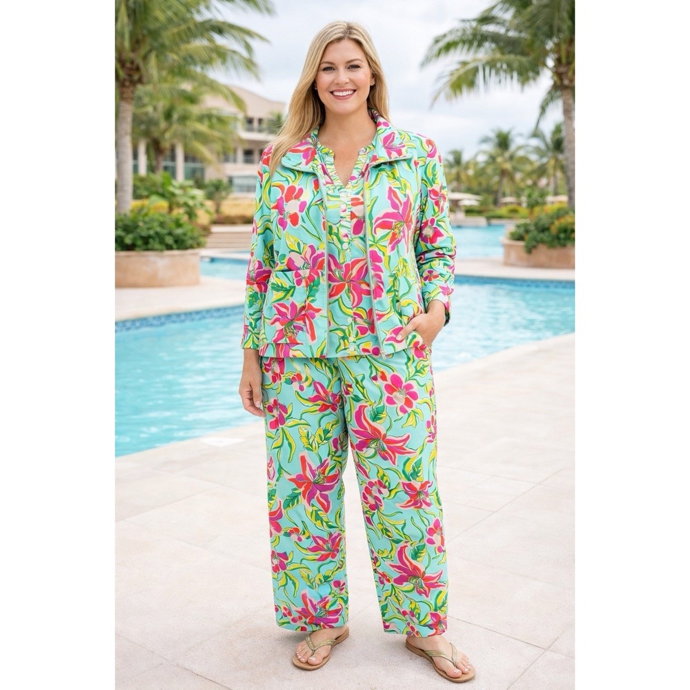 Island Republic 3-Piece Set Pink Tropical Floral Pant‎ Blouse Jacket Women's XL